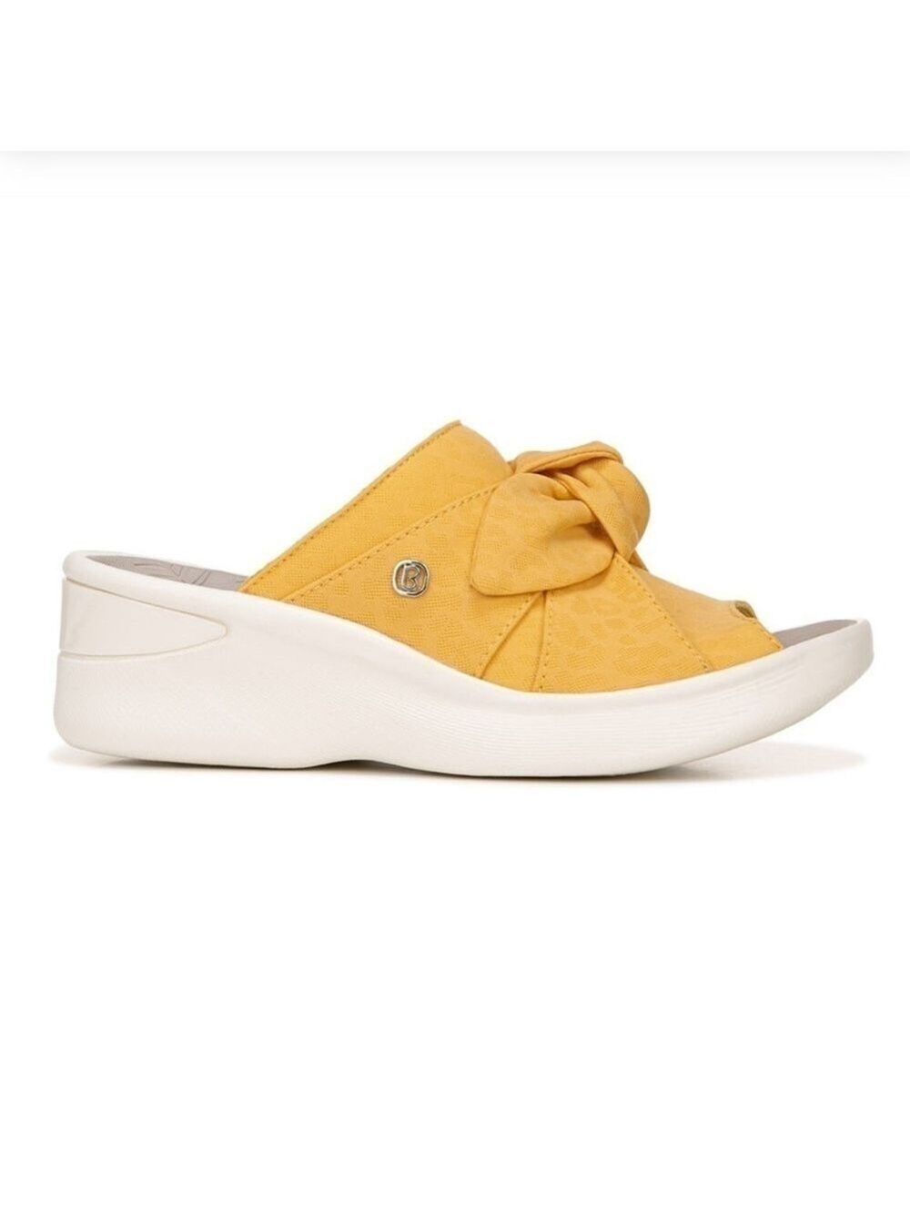 NEW BZees Women’s Smile Wedge Slide Sandal Mimosa Cheetah Fabric Yellow 7